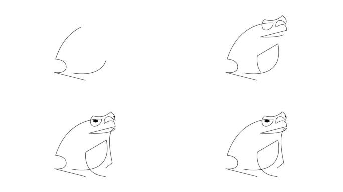 单连续线画青蛙的动画自画。可爱的宠物动物图标概念。4K。