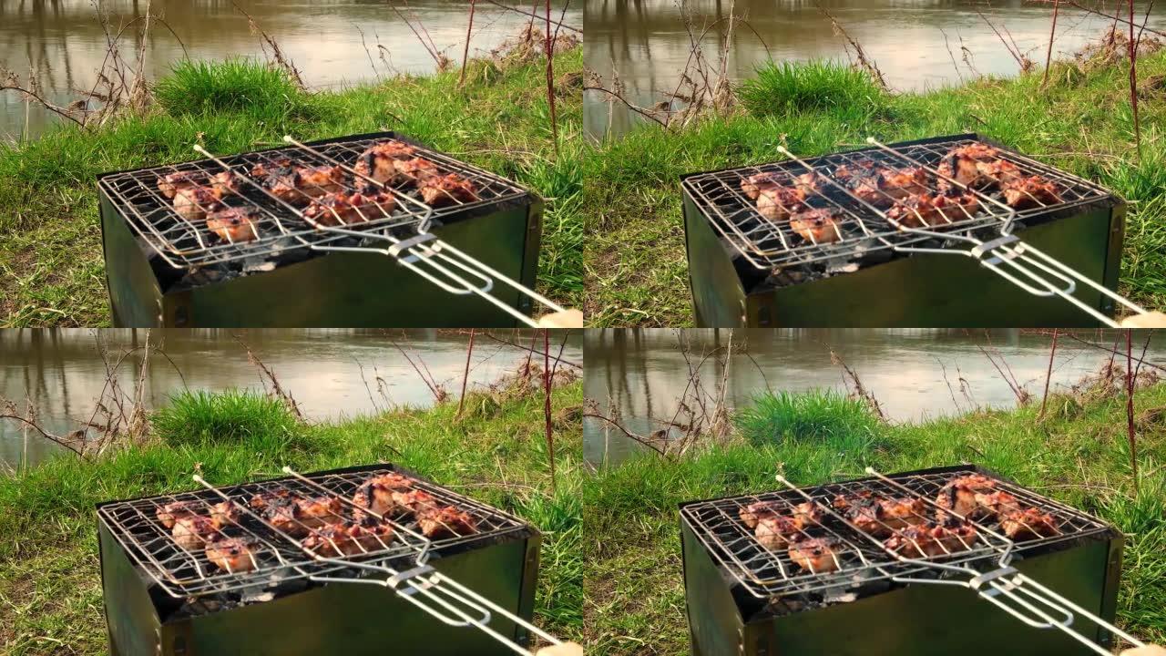 肉在河边的煤上的烤架上烤。