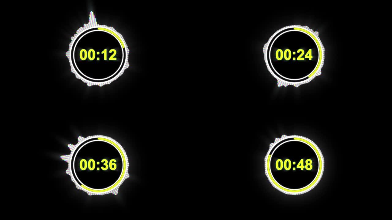 1分钟倒计时。计时器。倒计时60秒。一分钟霓虹灯倒计时。LED显示屏的LCD像素纹理。1分钟电霓虹灯