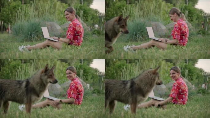 这是一个荒谬的情况。一名妇女在广告中被拍摄，一只狗狗进入画面并干扰拍摄。