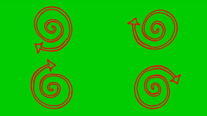 螺旋箭头旋转的动画图标。红色符号旋转。循环视频。手绘矢量插图孤立在绿色背景上。