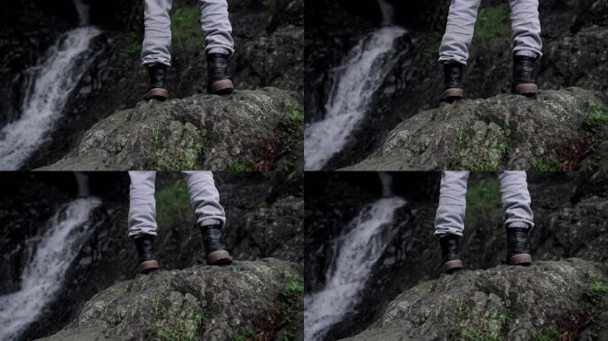 溪流马丁靴徒步探险户外自然原始瀑布