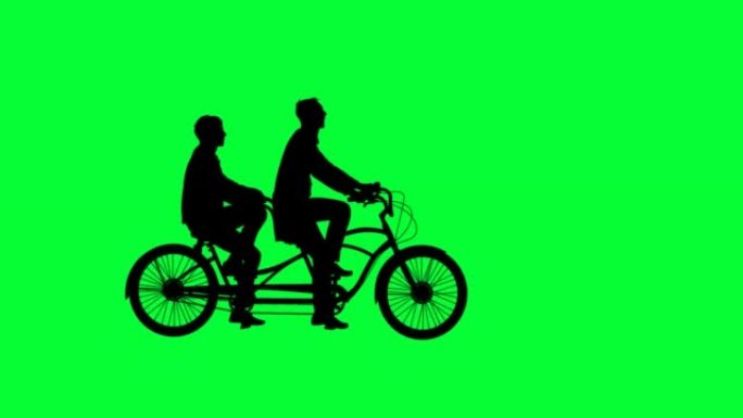 骑自行车的人从左到右穿过屏幕。绿屏镜头动画。