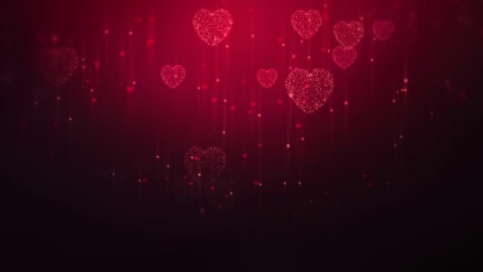 Red heart particles rising on black background. Ha