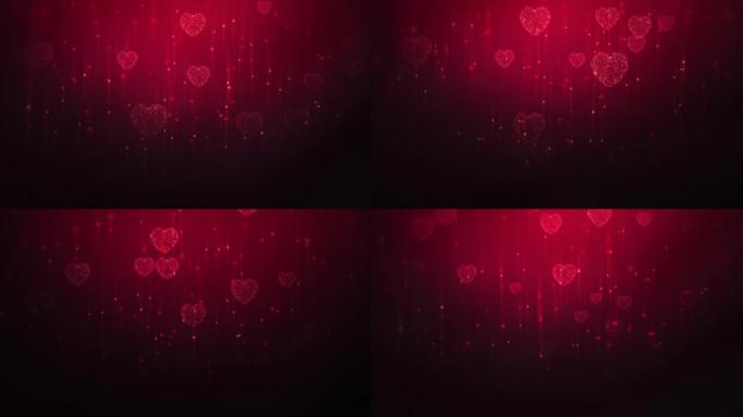 Red heart particles rising on black background. Ha