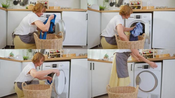 白人老年妇女把脏衣服放在洗衣机里。有吸引力的成熟的老管家清洁工，很高兴在家里用洗衣机装衣物。家庭-房