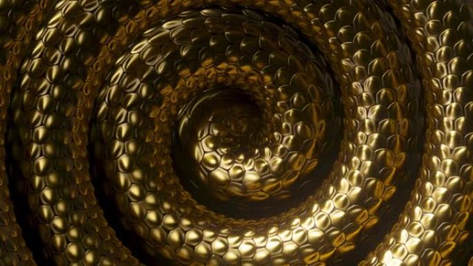 无缝3d动画，带金色蛇螺旋的抽象背景，闪亮的金属龙鳞纹理
