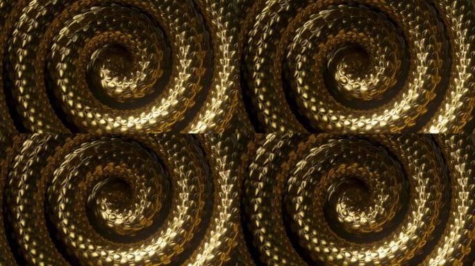 无缝3d动画，带金色蛇螺旋的抽象背景，闪亮的金属龙鳞纹理
