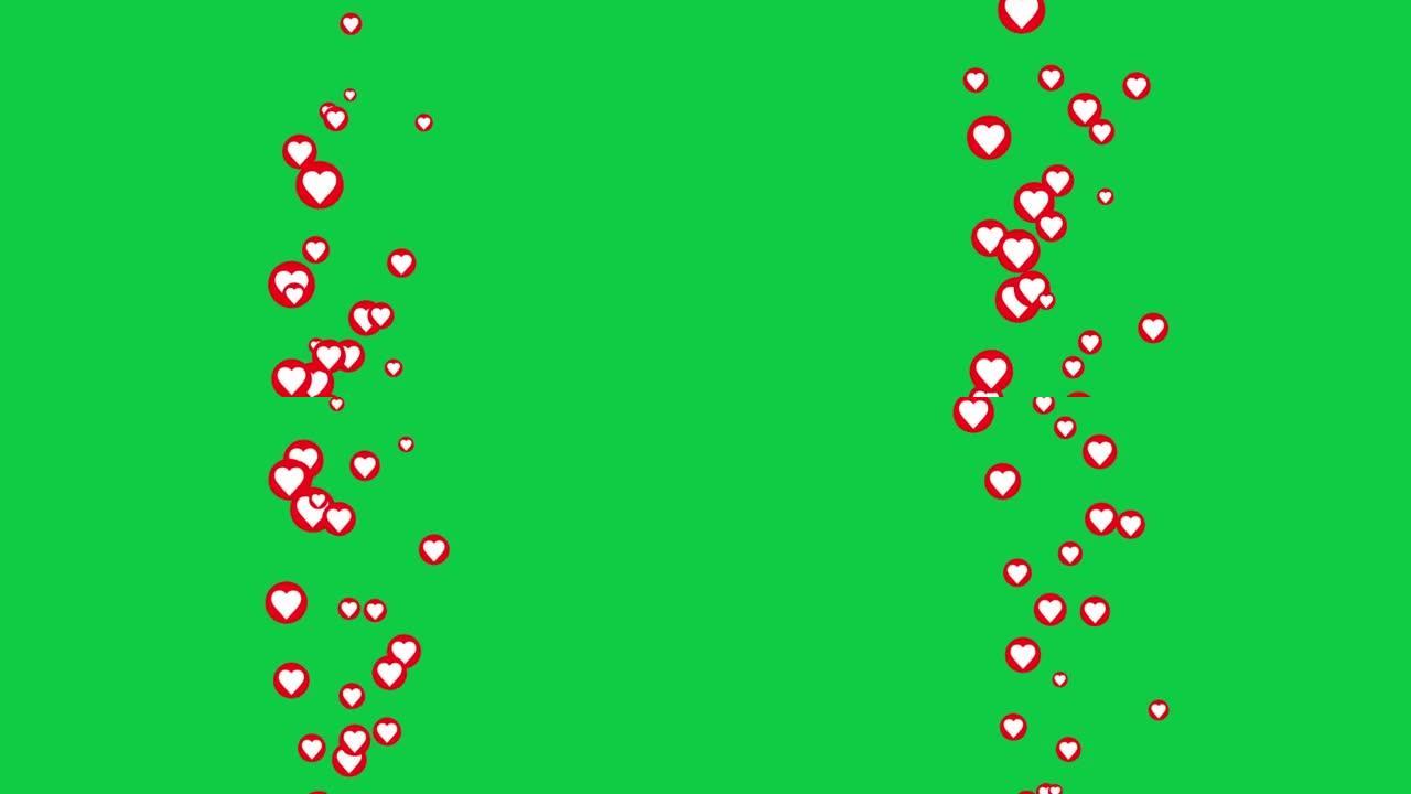 抽象动画3d红色圆圈心漂浮在绿色屏幕背景上。4k 3d无缝循环心，用于浪漫场合，婚礼，情人节，母亲节
