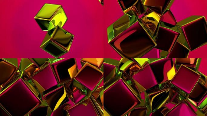 金色金属色的柔软弹性立方体。碰撞并合并成许多立方体。彩虹镜颜色。3d动画。
