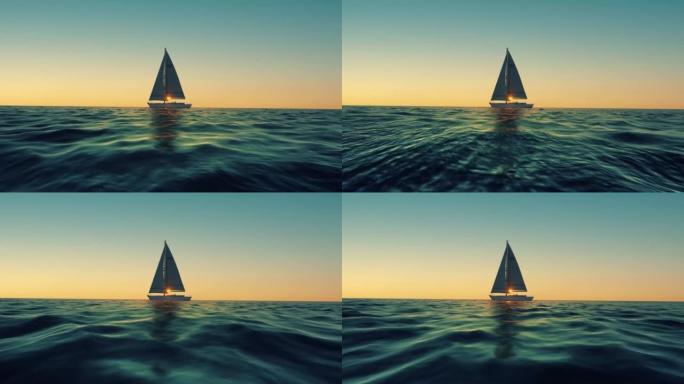 日落时在平静的公海航行的小型游艇的低角度海平面视图