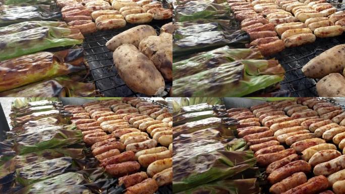 泰国当地街头食品木炭烤香蕉山药和香蕉叶包裹糯米