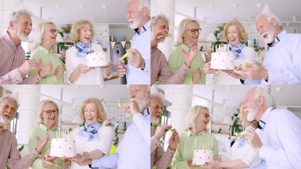 老年女子手持蛋糕在家过生日
