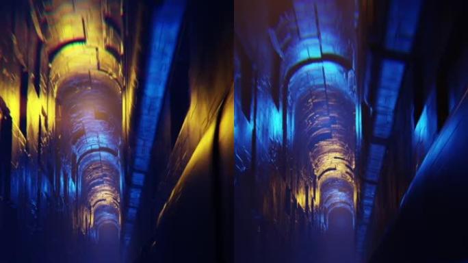 干净的未来派外星人科幻幻想机库隧道走廊的垂直视频动画-3d渲染
