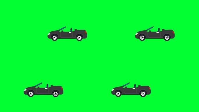黑色敞蓬车绿色屏幕动画。去除绿色并使用您的项目。2d卡通汽车绿屏通过色度键移除。