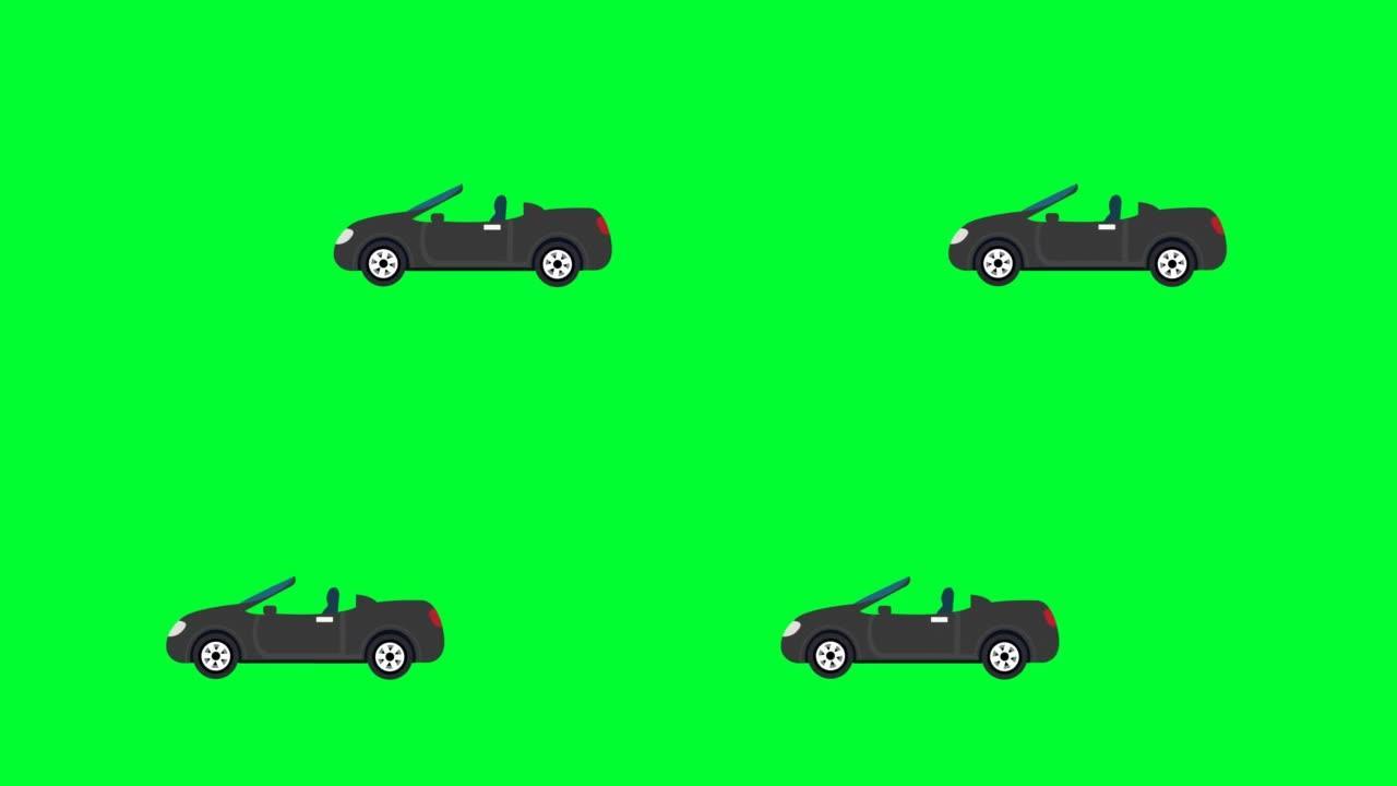 黑色敞蓬车绿色屏幕动画。去除绿色并使用您的项目。2d卡通汽车绿屏通过色度键移除。