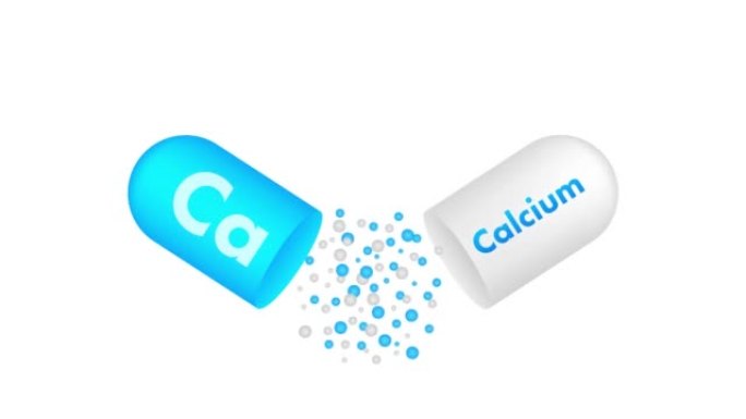 白色背景上的蓝色钙。钙矿物质。Ca药丸胶囊。运动图形4k