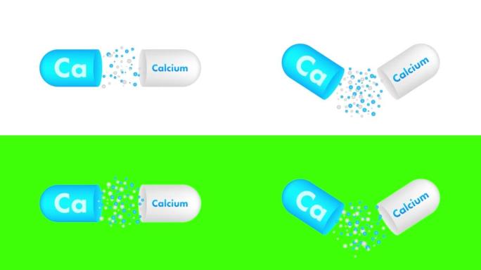 白色背景上的蓝色钙。钙矿物质。Ca药丸胶囊。运动图形4k