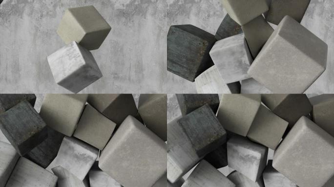 抽象概念。柔软的灰色立方体在墙壁的背景下飞翔。立方体相互碰撞并连接。