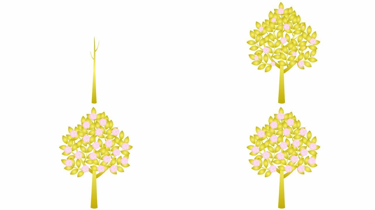 金树逐渐生长，叶子出现在树枝上。粉红色的花朵正在开花。黑色符号。春天的概念。孤立在白色背景上的平面矢