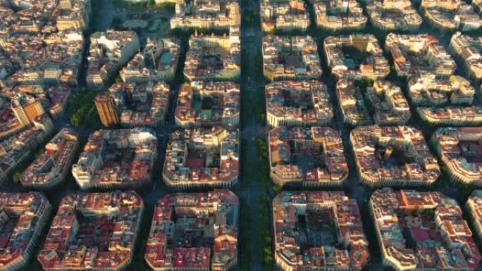 西班牙加泰罗尼亚巴塞罗那住宅Eixample区的巴塞罗那鸟瞰图。著名城市电网