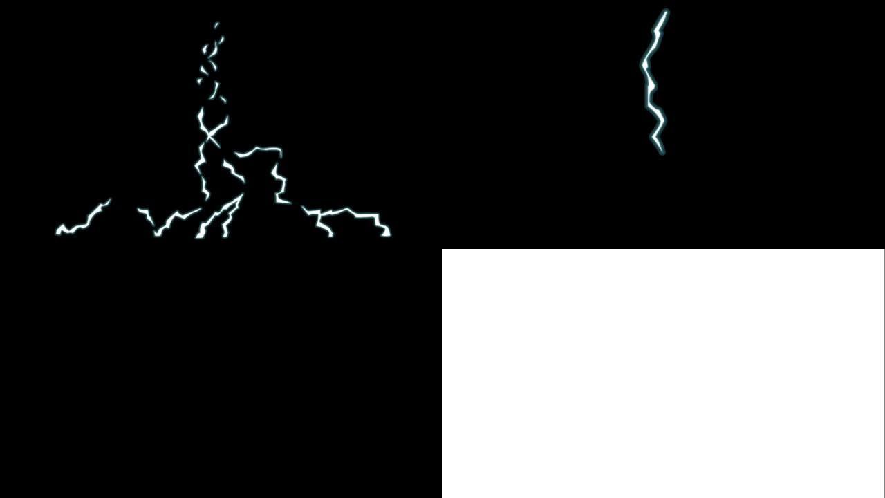 黑色背景上的动画白色闪电隔离。