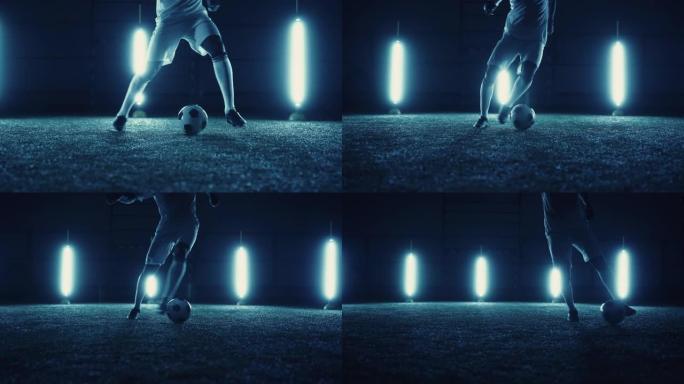 才华横溢的初级足球运动员在夜间独自训练，腿部特写镜头，自由式运球