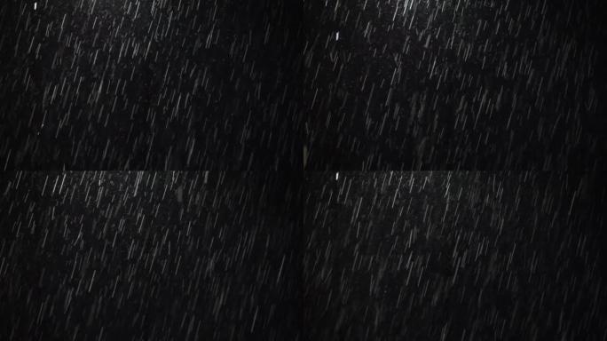 黑色背景上孤立的落雨的模糊抽象场景，恐怖电影的神秘风景，雨季暴雨时倾盆大雨