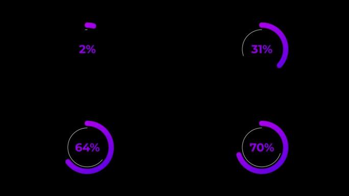 紫色科学效果中的圆圈百分比加载动画0-70%。
