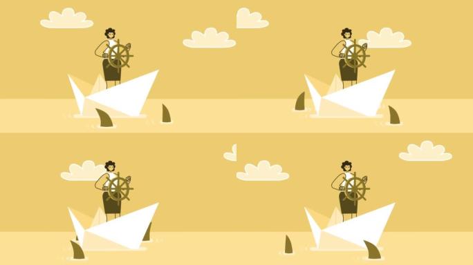 黄色风格的女人平角色在纸船上被鲨鱼包围着航行。孤立循环动画
