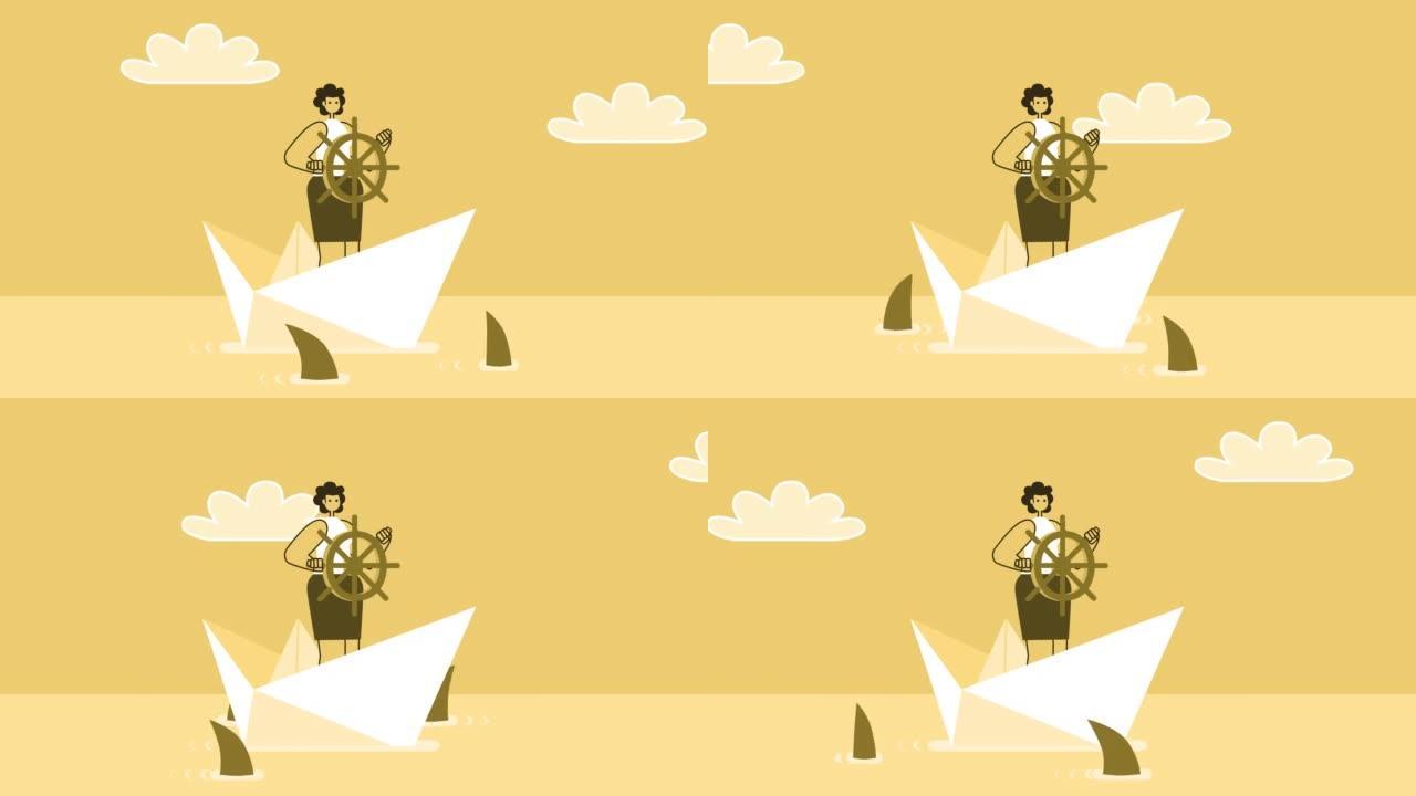 黄色风格的女人平角色在纸船上被鲨鱼包围着航行。孤立循环动画