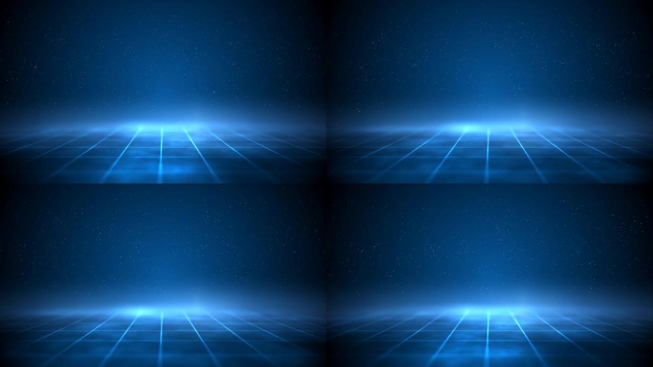 技术，区块链，metaverse概念视频蓝色背景。舞台复制空间线条3d动画。科幻数字镜头在黑暗背景下