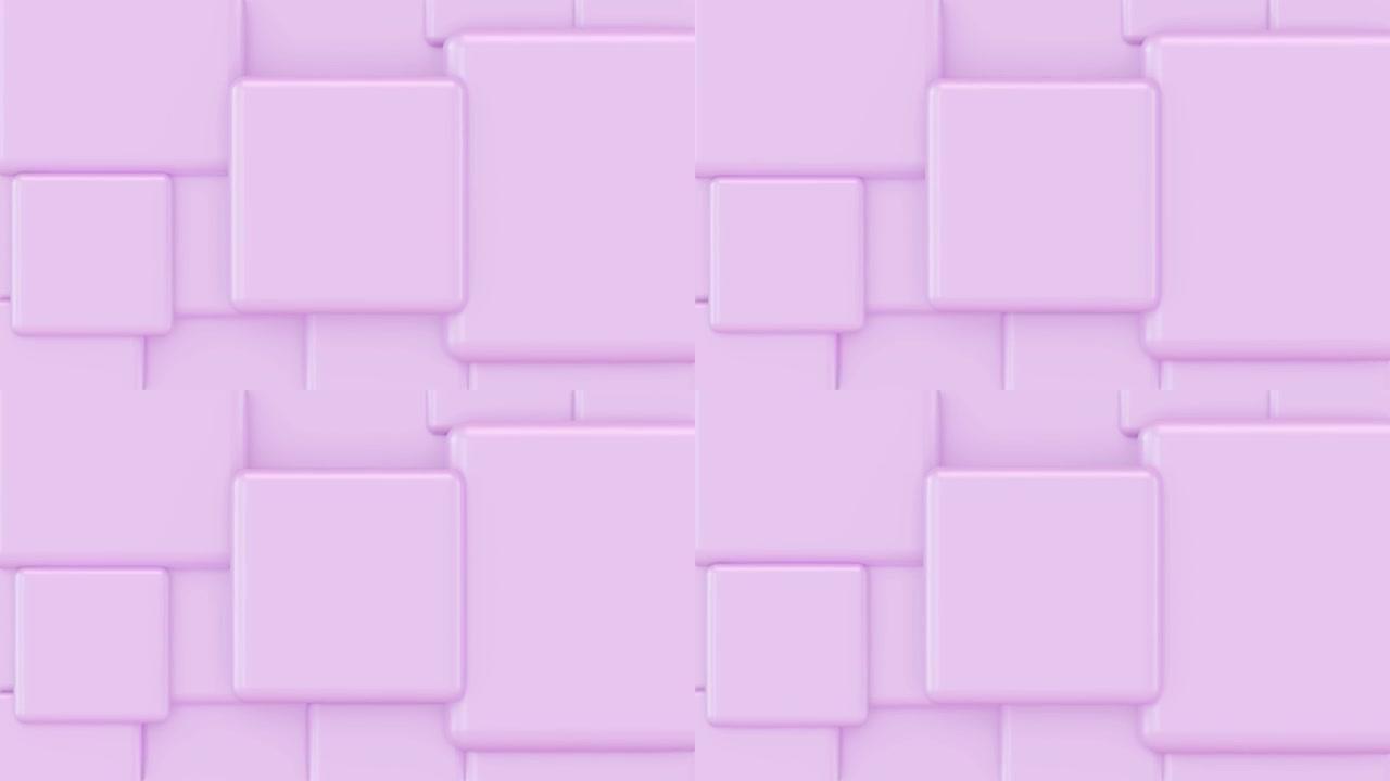 随机大小的紫色立方体移动和生长循环。左边是文本的地方。抽象3d渲染几何概念背景。股票视频