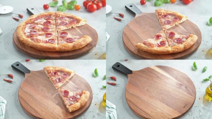意大利辣香肠比萨饼切片从木制托盘中一个接一个地消失