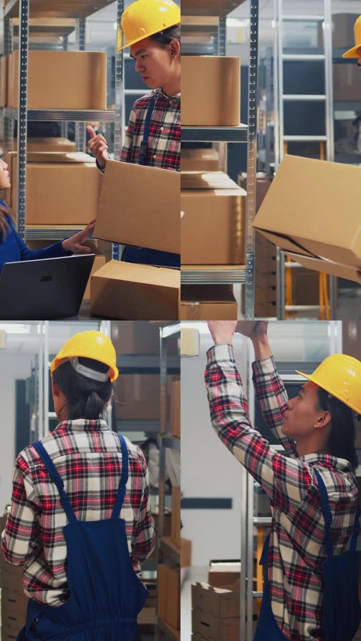 垂直视频: 年轻人在架子上整理产品盒