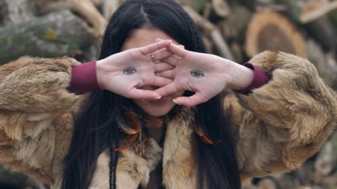 亚洲年轻女子覆盖她的脸与她的手在她的手掌上画的眼睛。