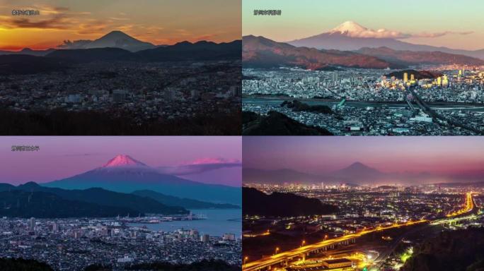 静冈市日本岛傍晚的富士山和清水港夜景的延时