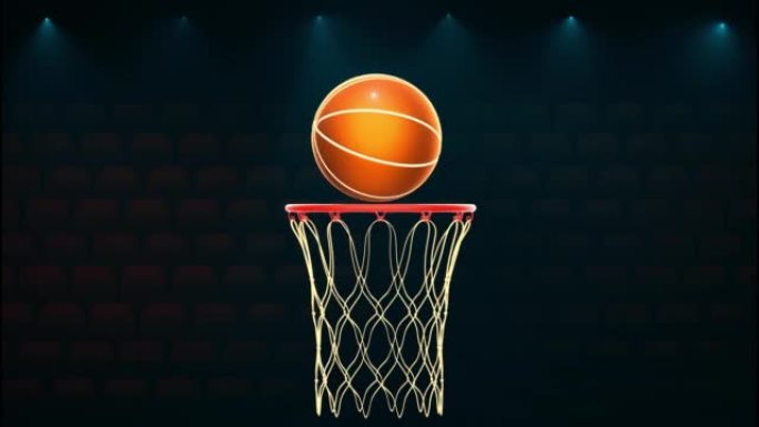 篮球在篮球筐上旋转。循环动画。