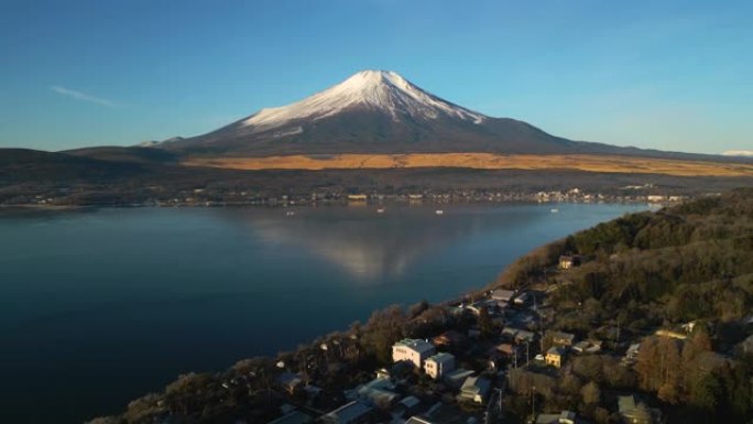 山中湖村与富士山的空中后退