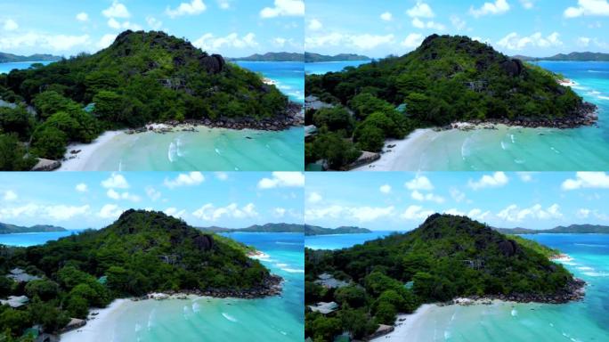 塞舌尔热带岛屿，有海滩和棕榈树，塞舌尔海滩，蓝色海洋，拉迪格