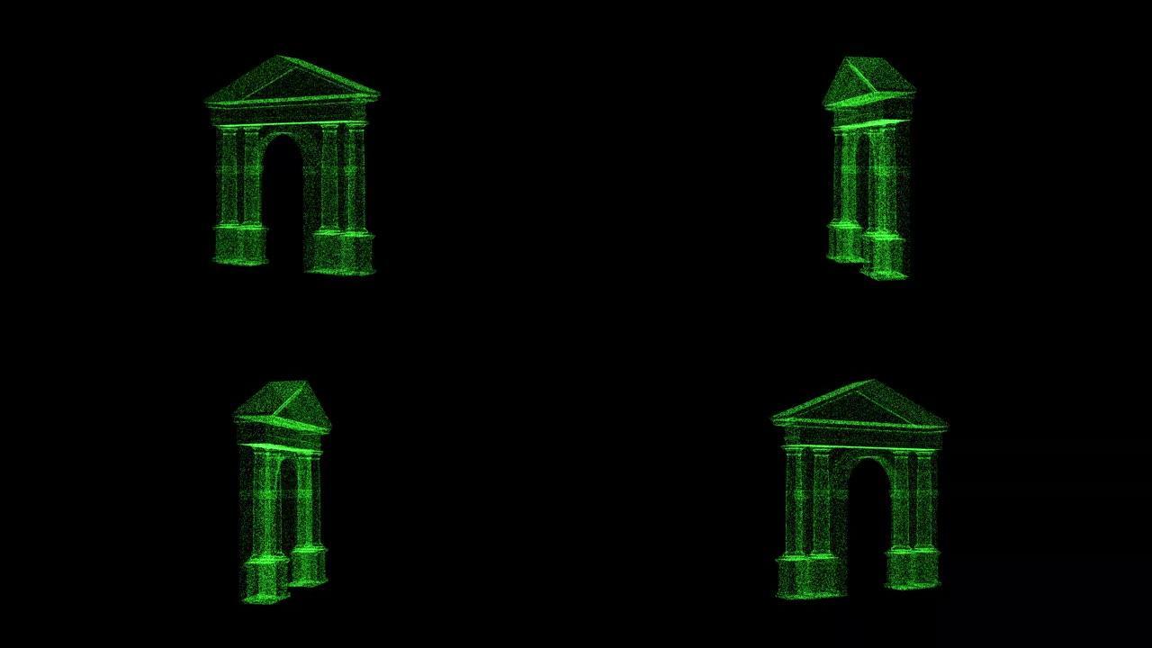 3D绿色古代仿古拱门旋转黑色背景。由闪烁粒子组成的物体60 FPS。科学历史概念。标题、演示文稿的抽
