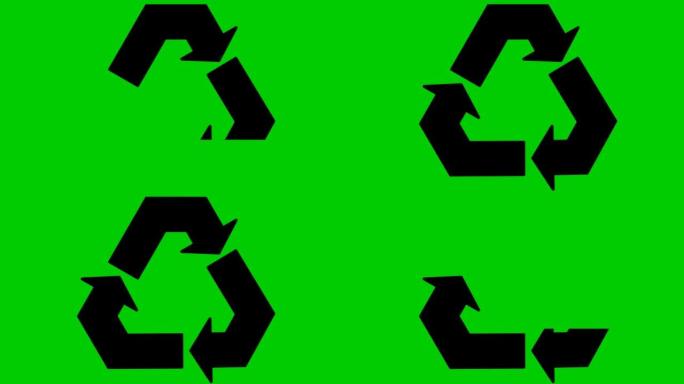 动画生态图标。回收的黑色符号。绿色技术、环境友好的理念。矢量插图孤立在绿色背景上。
