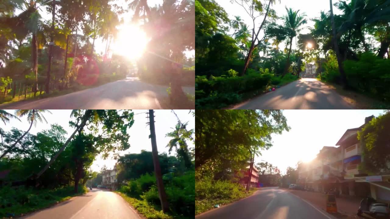 在晴朗的蓝天下，棕榈树成行的道路经过。