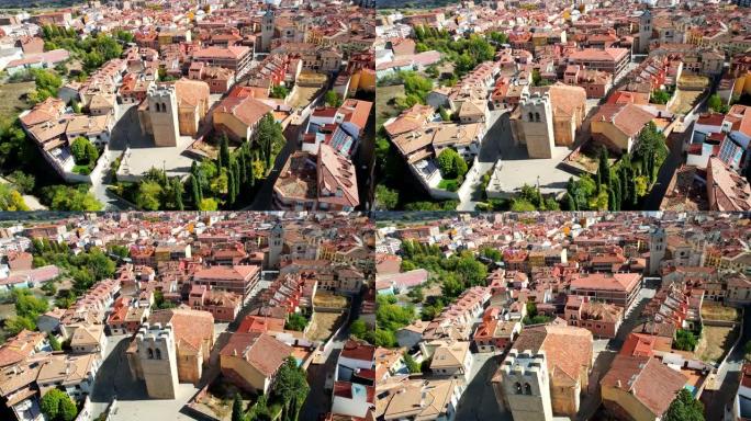 西班牙布尔戈斯阿兰达·德杜罗的航拍。鸟瞰圣胡安教堂、房屋、街道和绿地