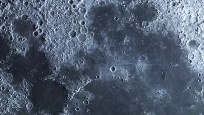 移动月亮的纹理表面。逼真的月景背景，地板上有陨石坑。近距离观看4k中的3d动画。