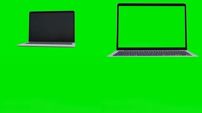 带反射的笔记本电脑绿屏显示。笔记本电脑模板，只需粘贴背景电子商务博客或游戏应用程序。复制带有清晰色度