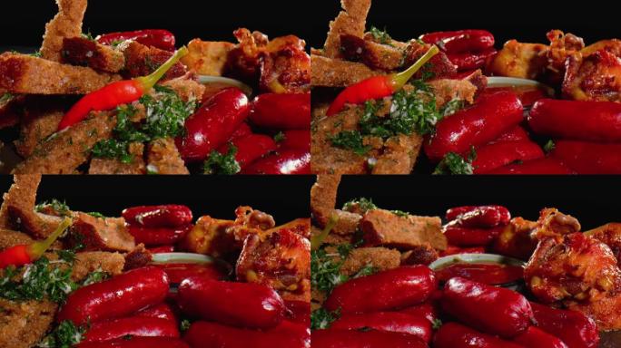 炸鸡翅和肉片配香草和红辣椒，蘸碗酱-特写