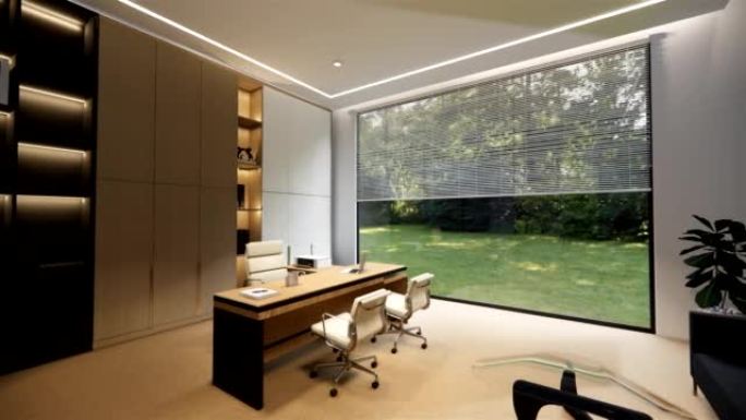 室内空现代阁楼办公室开放空间现代办公室镜头。现代开放概念大堂和接待区会议室设计。3D渲染。
