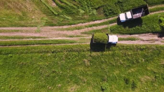 一辆载满切碎的草的农用车辆，鸟瞰图。