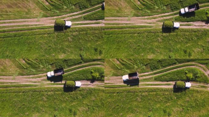 一辆载满切碎的草的农用车辆，鸟瞰图。